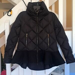 Gorgeous Moncler Black Goose Down Jacket Wool peplum waist  XS diamond quilt EUC